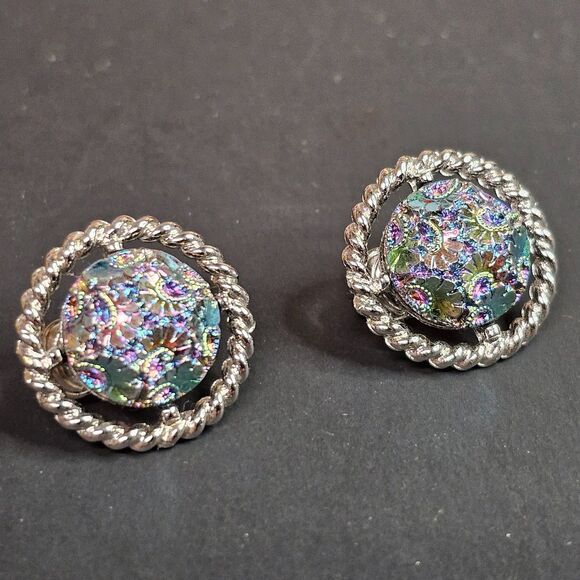 Vtg Sarah Coventry Northern Lights Iridescent Clip On Earrings 3/4" Silver Tone - Picture 1 of 7